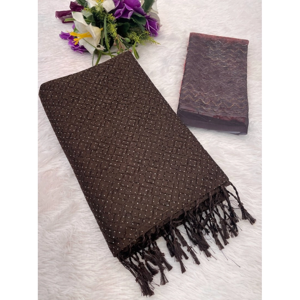 Generic Women’s Chiffon Zigzag lines Saree With Unstitched Blouse 5.5Mtr (Brown)