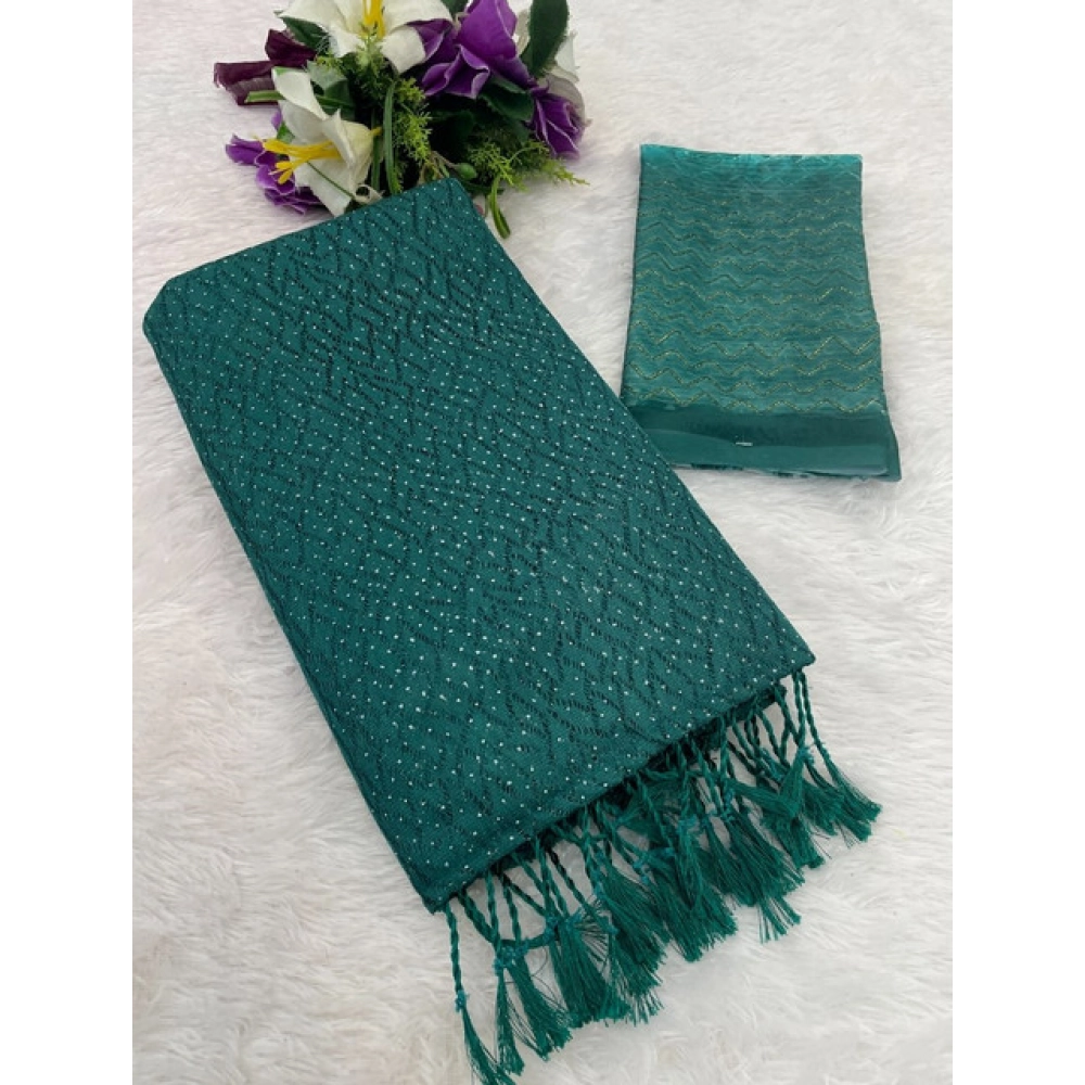 Generic Women's Chiffon Zigzag lines Saree With Unstitched Blouse 5.5Mtr (Green)