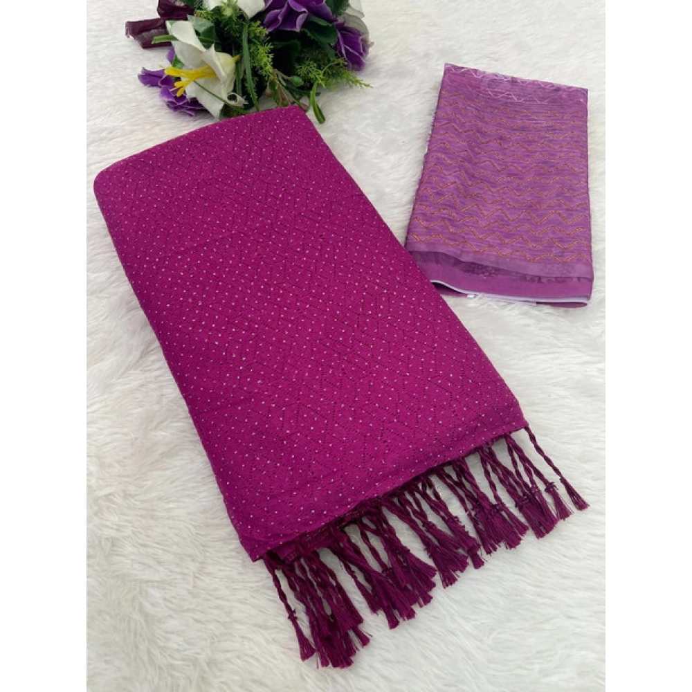 Generic Women's Chiffon Zigzag lines Saree With Unstitched Blouse 5.5Mtr (Pink)