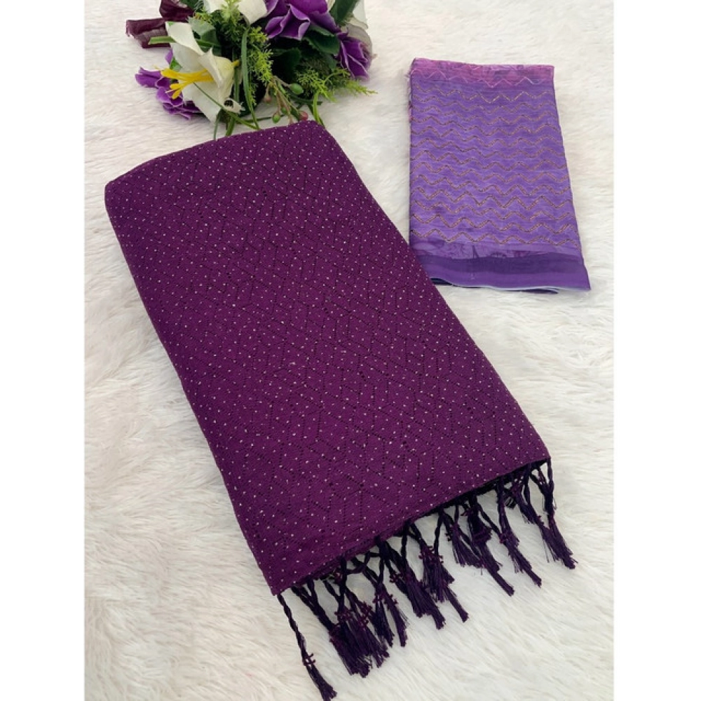 Generic Women's Chiffon Zigzag lines Saree With Unstitched Blouse 5.5Mtr (Wine)