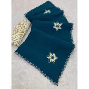 Generic Women's Chiffon Butti Dotted Saree With Unstitched Blouse 5.5Mtr (Blue)