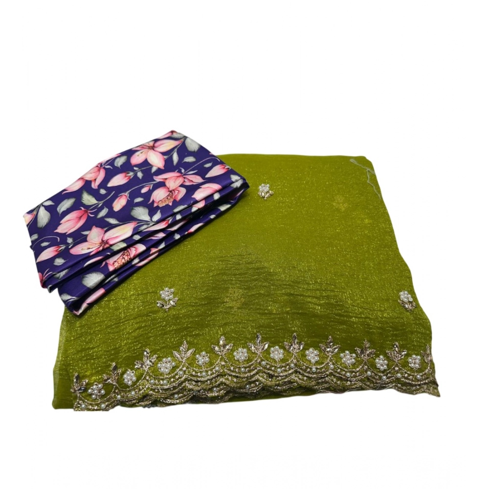 Generic Women’s Stone Work Soft Silk Saree With Unstitched Blouse (Green, 5-6 Mtrs)