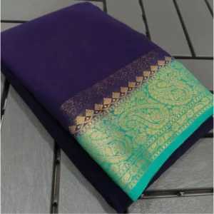 Generic Women's Crepe Chit Pallu Solid Saree With Unstitched Blouse 5.5Mtr (Blue)