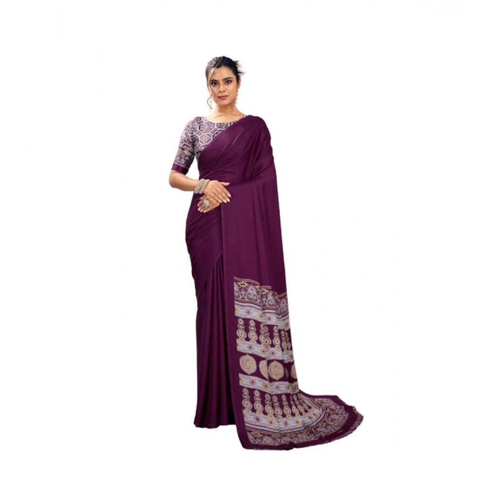Generic Women’s Satin Crepe Printed Saree With Unstitched Blouse 5.5Mtr (Purple)