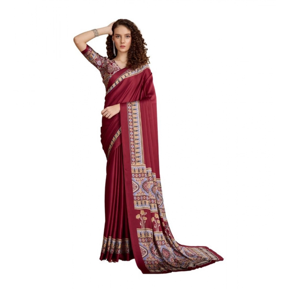 Generic Women’s Satin Crepe Printed Saree With Unstitched Blouse 5.5Mtr (Maroon)