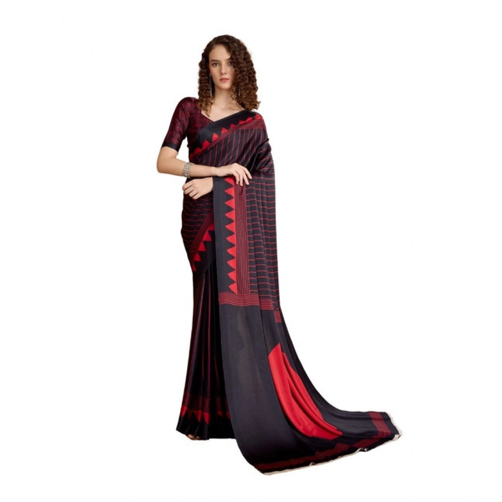 Generic Women’s Satin Crepe Printed Saree With Unstitched Blouse 5.5Mtr (Black)