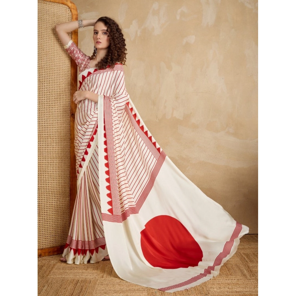 Generic Women's Satin Crepe Printed Saree With Unstitched Blouse 5.5Mtr (Off White) - Image 3