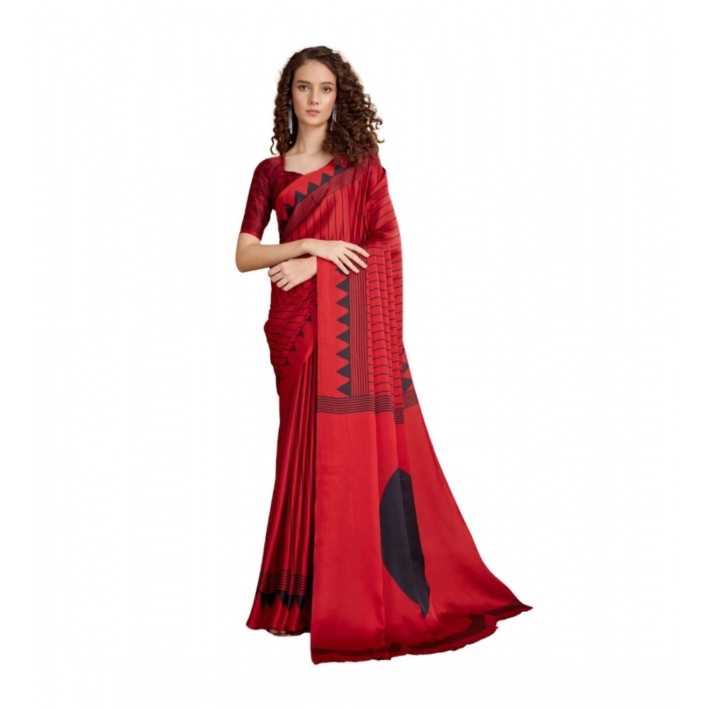 Generic Women’s Satin Crepe Printed Saree With Unstitched Blouse 5.5Mtr (Red)
