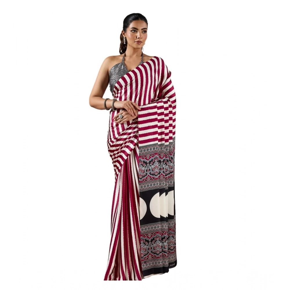 Generic Women’s Satin Crepe Printed Saree With Unstitched Blouse 5.5Mtr (Maroon)