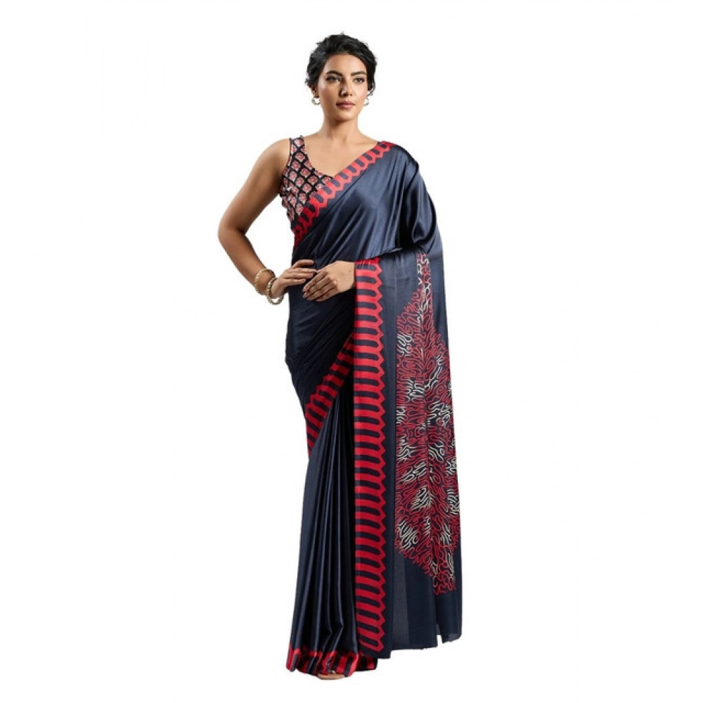 Generic Women’s Satin Crepe Printed Saree With Unstitched Blouse 5.5Mtr (Navy Blue)