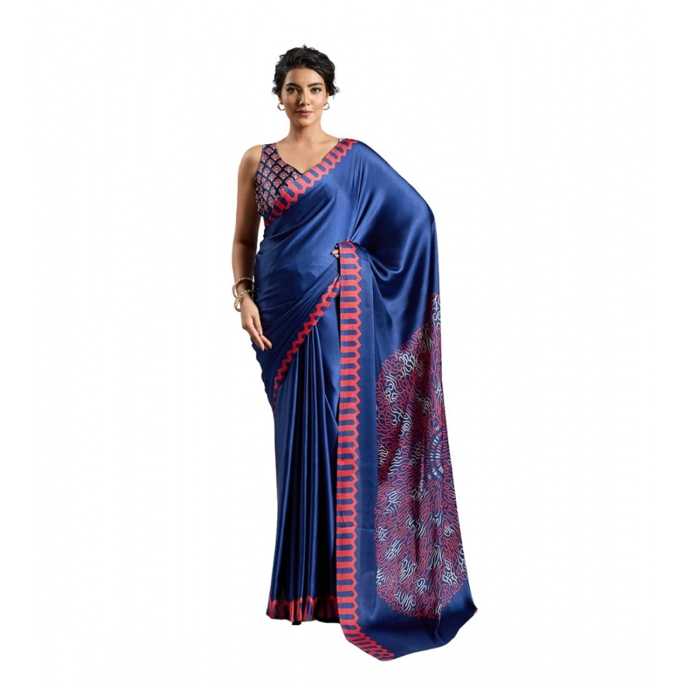 Generic Women’s Satin Crepe Printed Saree With Unstitched Blouse 5.5Mtr (Blue)