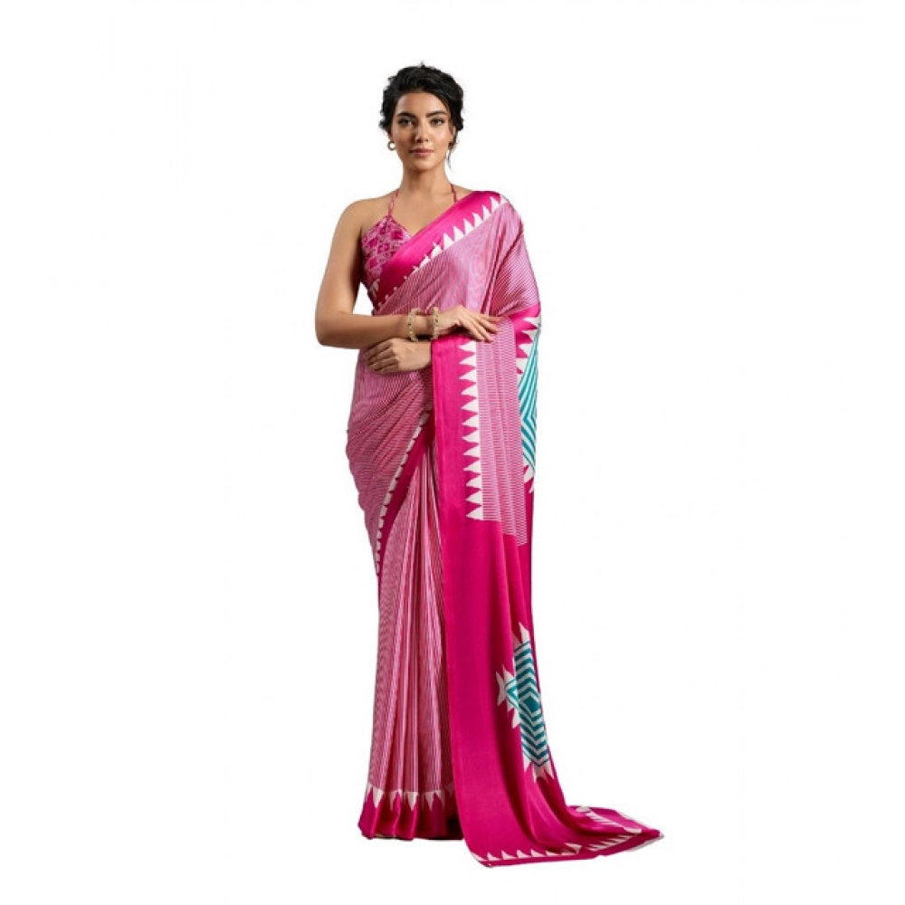 Generic Women’s Satin Crepe Printed Saree With Unstitched Blouse 5.5Mtr (Pink)