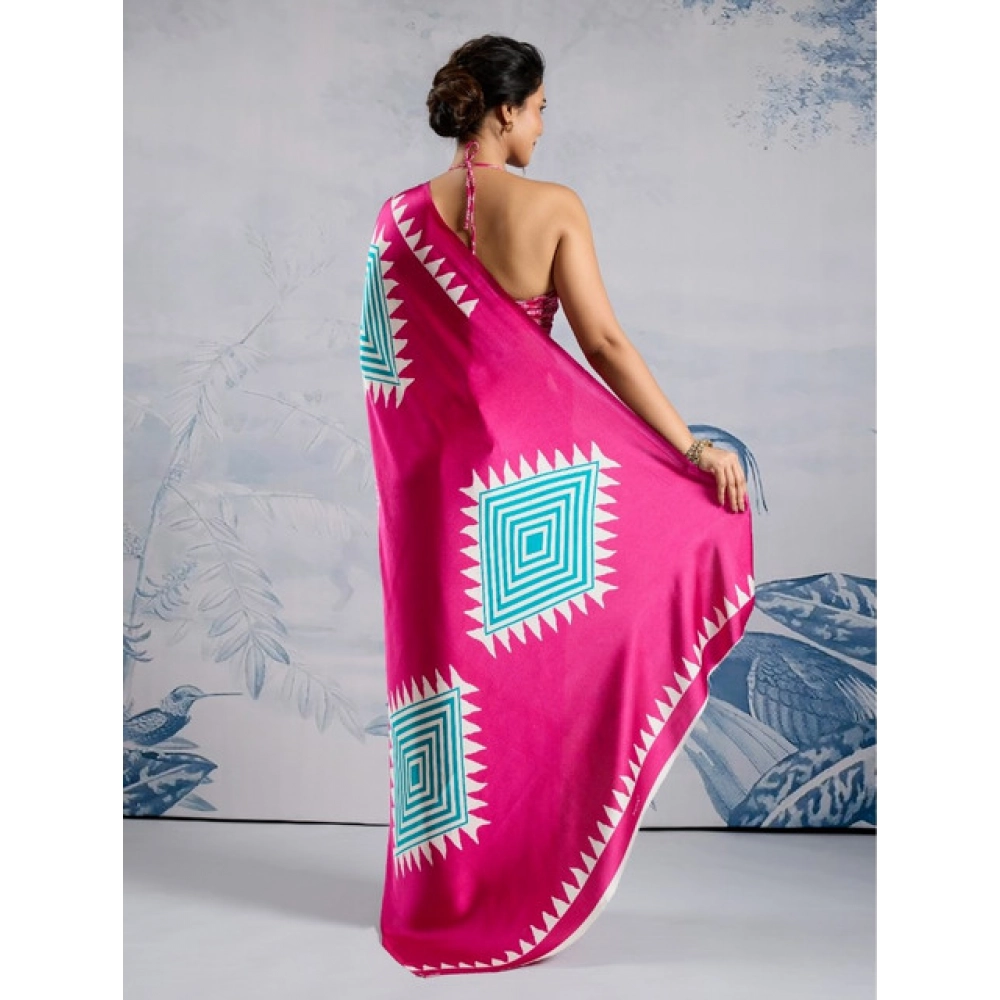 Generic Women's Satin Crepe Printed Saree With Unstitched Blouse 5.5Mtr (Pink) - Image 4