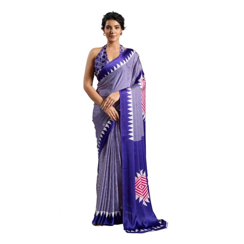 Generic Women’s Satin Crepe Printed Saree With Unstitched Blouse 5.5Mtr (Purple)
