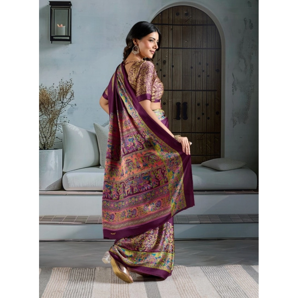 Generic Women's Satin Crepe Printed Saree With Unstitched Blouse 5.5Mtr (Purple) - Image 4