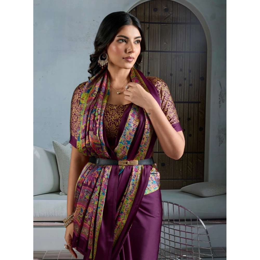 Generic Women's Satin Crepe Printed Saree With Unstitched Blouse 5.5Mtr (Purple) - Image 3