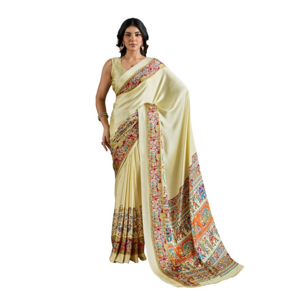 Generic Women’s Satin Crepe Printed Saree With Unstitched Blouse 5.5Mtr (Cream)