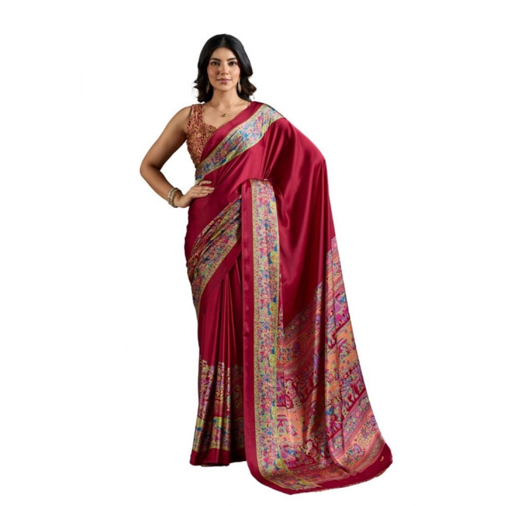 Generic Women’s Satin Crepe Printed Saree With Unstitched Blouse 5.5Mtr (Maroon)