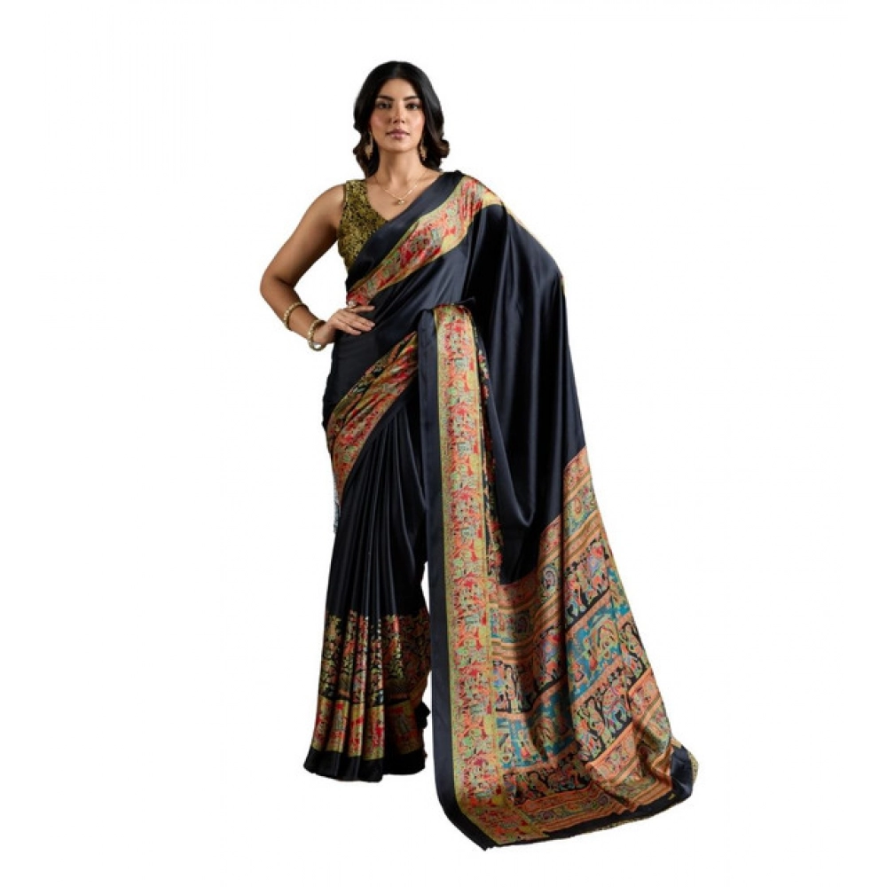 Generic Women’s Satin Crepe Printed Saree With Unstitched Blouse 5.5Mtr (Blue)