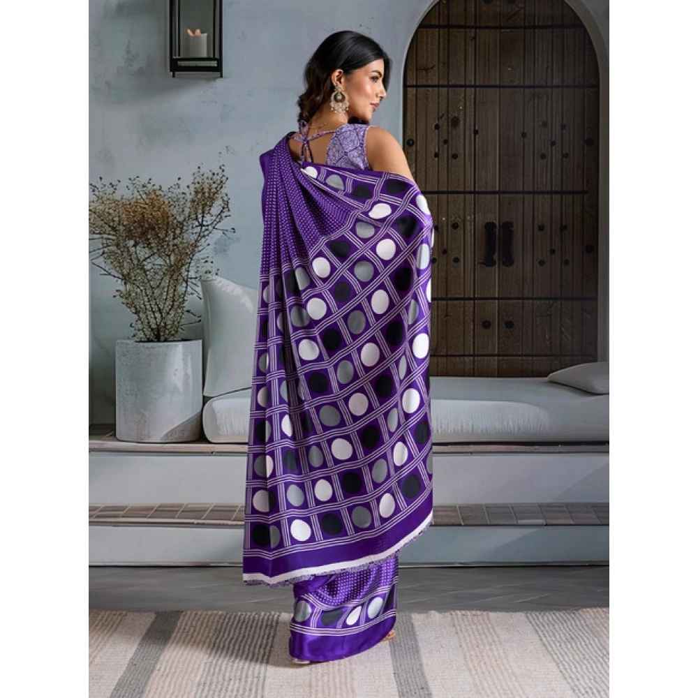Generic Women's Satin Crepe Printed Saree With Unstitched Blouse 5.5Mtr (Purple) - Image 4