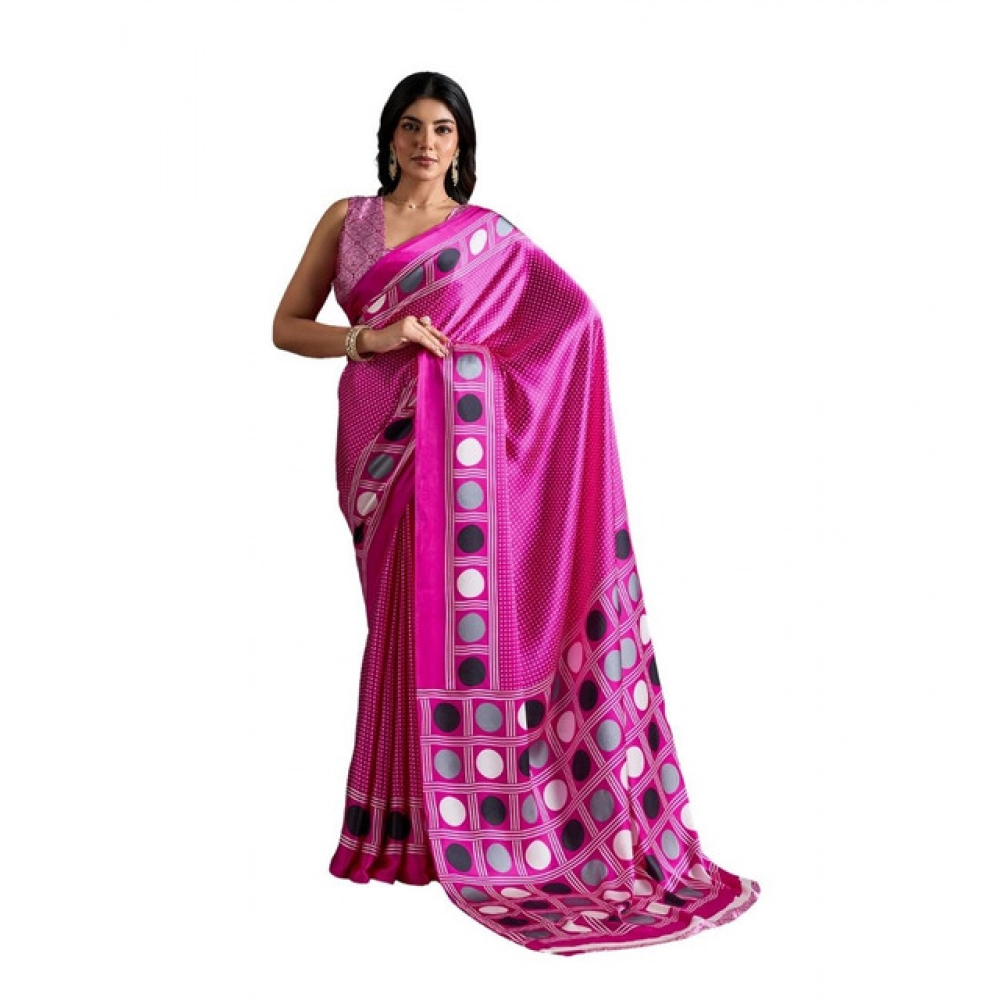 Generic Women’s Satin Crepe Printed Saree With Unstitched Blouse 5.5Mtr (Pink)