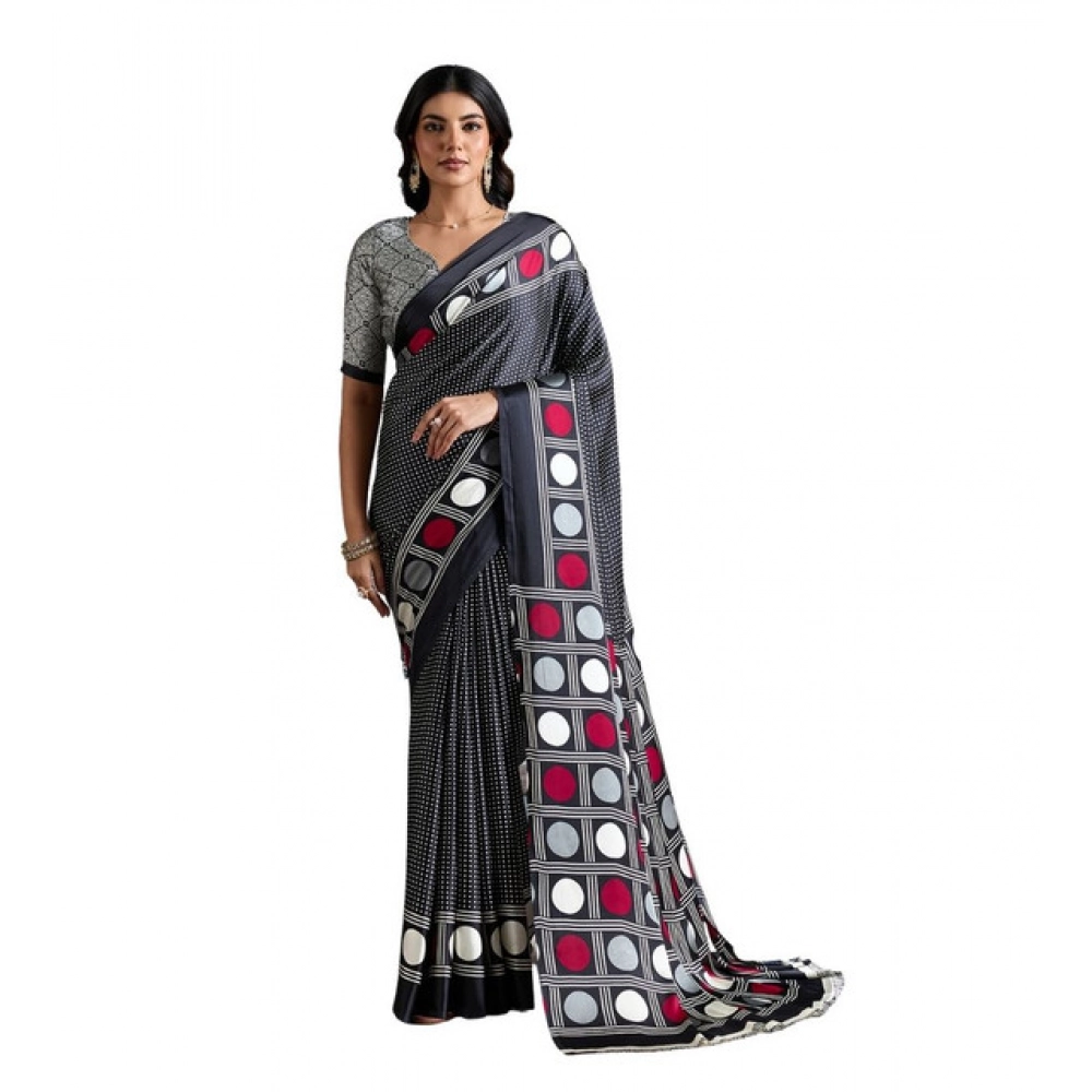 Generic Women’s Satin Crepe Printed Saree With Unstitched Blouse 5.5Mtr (Black)