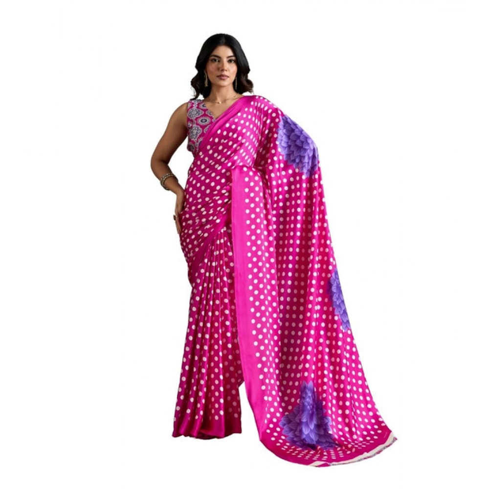 Generic Women’s Satin Crepe Printed Saree With Unstitched Blouse 5.5Mtr (Pink)