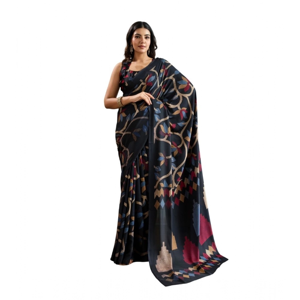 Generic Women’s Satin Crepe Printed Saree With Unstitched Blouse 5.5Mtr (Black)