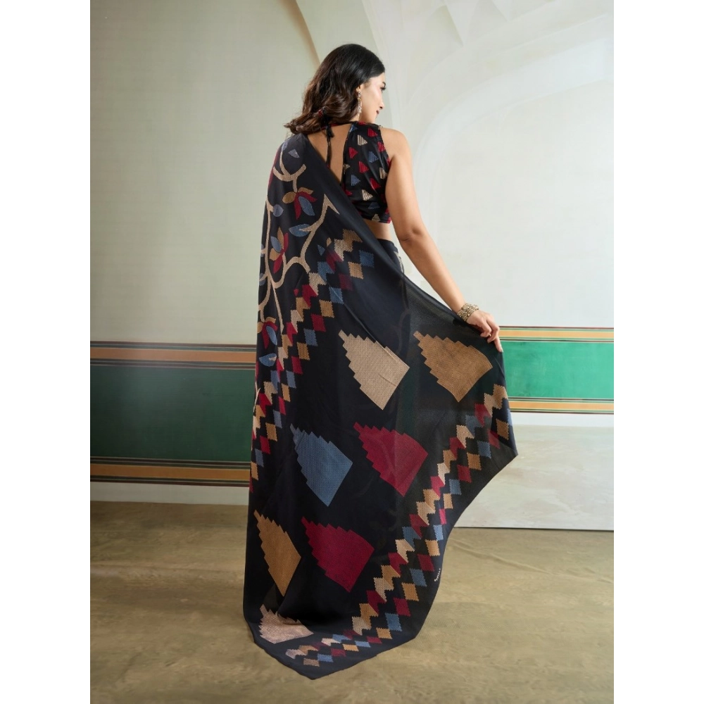 Generic Women's Satin Crepe Printed Saree With Unstitched Blouse 5.5Mtr (Black) - Image 4