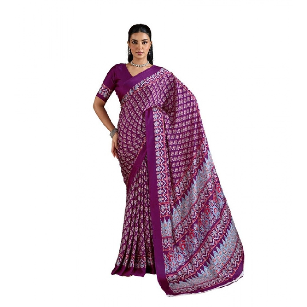 Generic Women’s Satin Crepe Printed Saree With Unstitched Blouse 5.5Mtr (Purple)