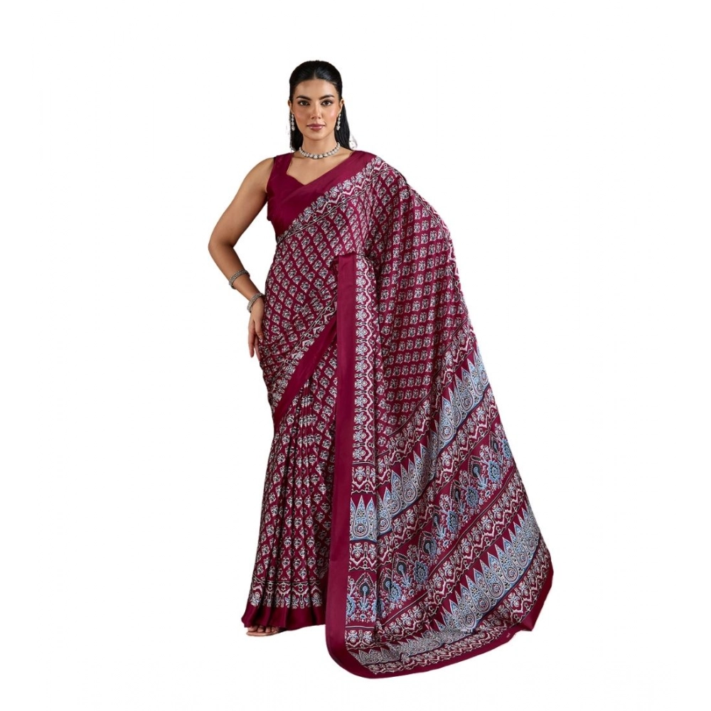 Generic Women’s Satin Crepe Printed Saree With Unstitched Blouse 5.5Mtr (Maroon)