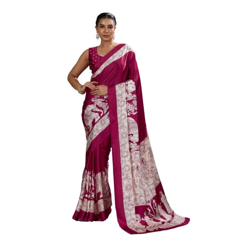 Generic Women’s Satin Crepe Printed Saree With Unstitched Blouse 5.5Mtr (Maroon)