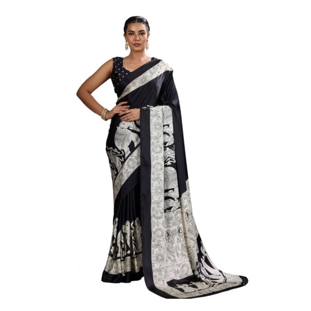 Generic Women’s Satin Crepe Printed Saree With Unstitched Blouse 5.5Mtr (Black)