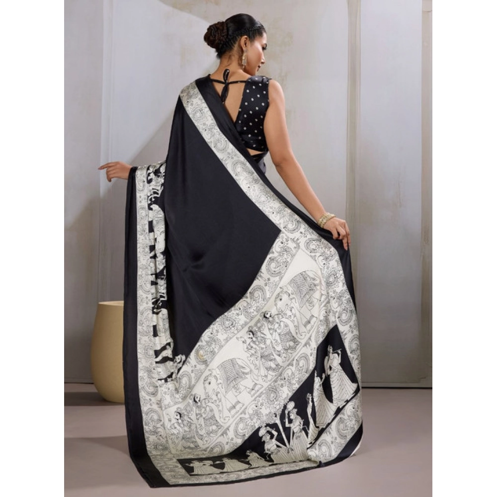 Generic Women's Satin Crepe Printed Saree With Unstitched Blouse 5.5Mtr (Black) - Image 4