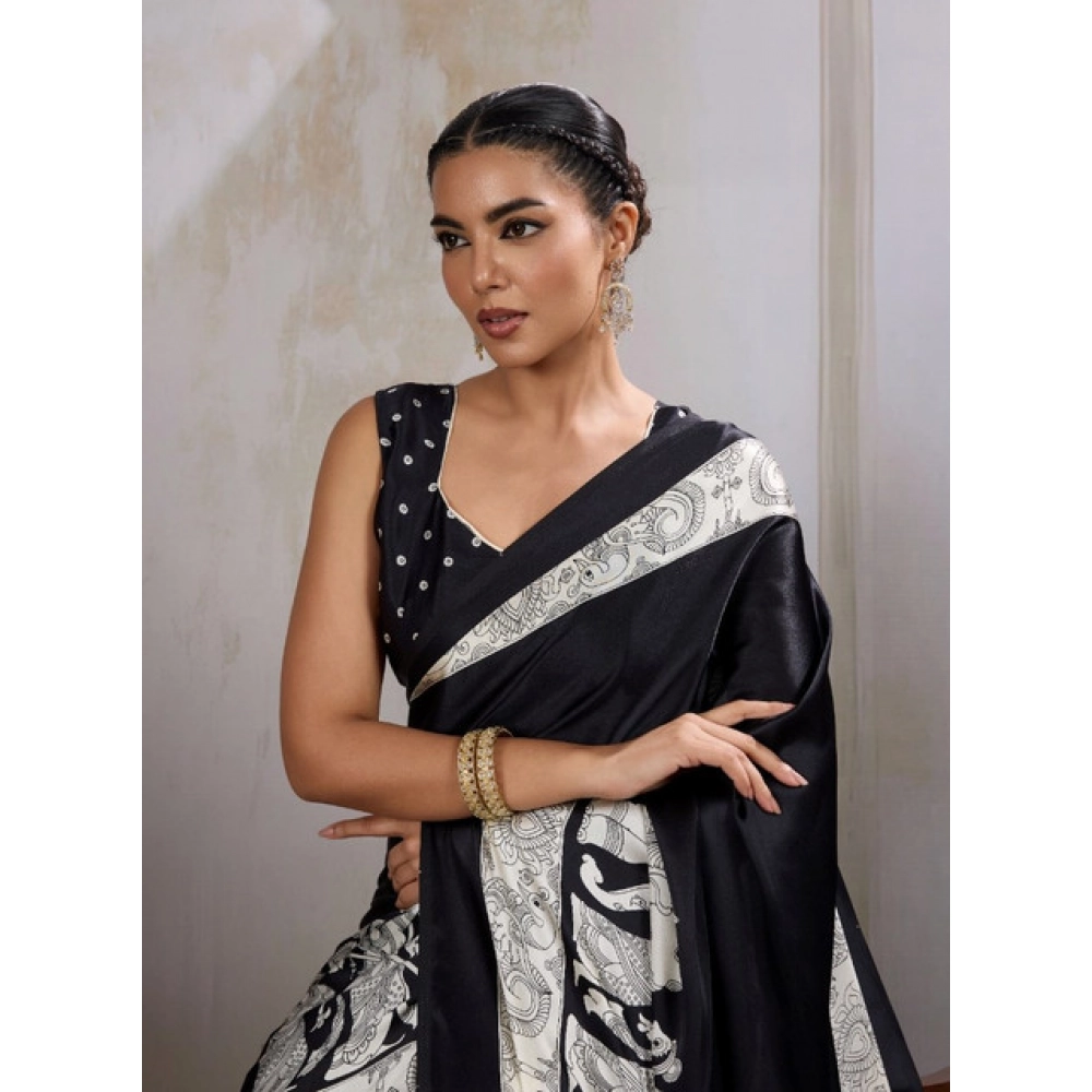 Generic Women's Satin Crepe Printed Saree With Unstitched Blouse 5.5Mtr (Black) - Image 3