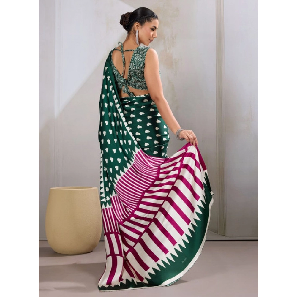 Generic Women's Satin Crepe Printed Saree With Unstitched Blouse 5.5Mtr (Bottle Green) - Image 4