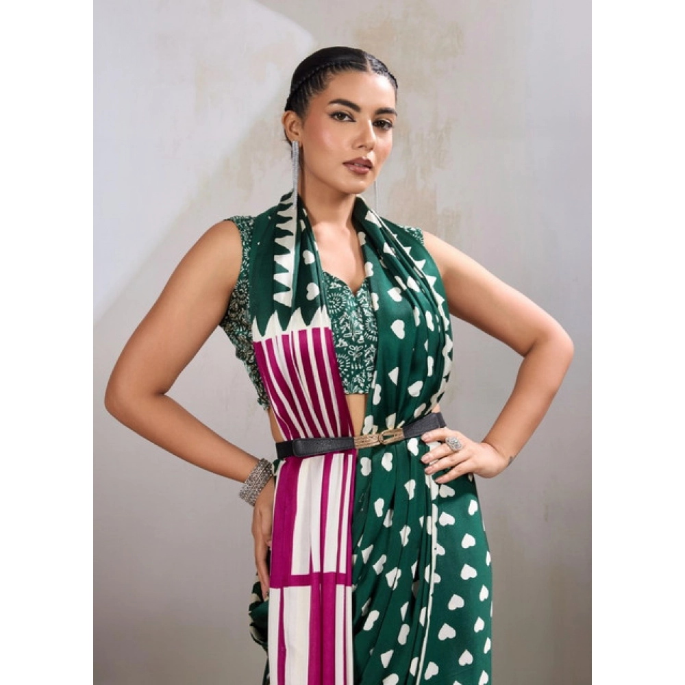 Generic Women's Satin Crepe Printed Saree With Unstitched Blouse 5.5Mtr (Bottle Green) - Image 3