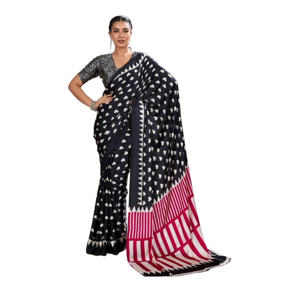 Generic Women’s Satin Crepe Printed Saree With Unstitched Blouse 5.5Mtr (Black)