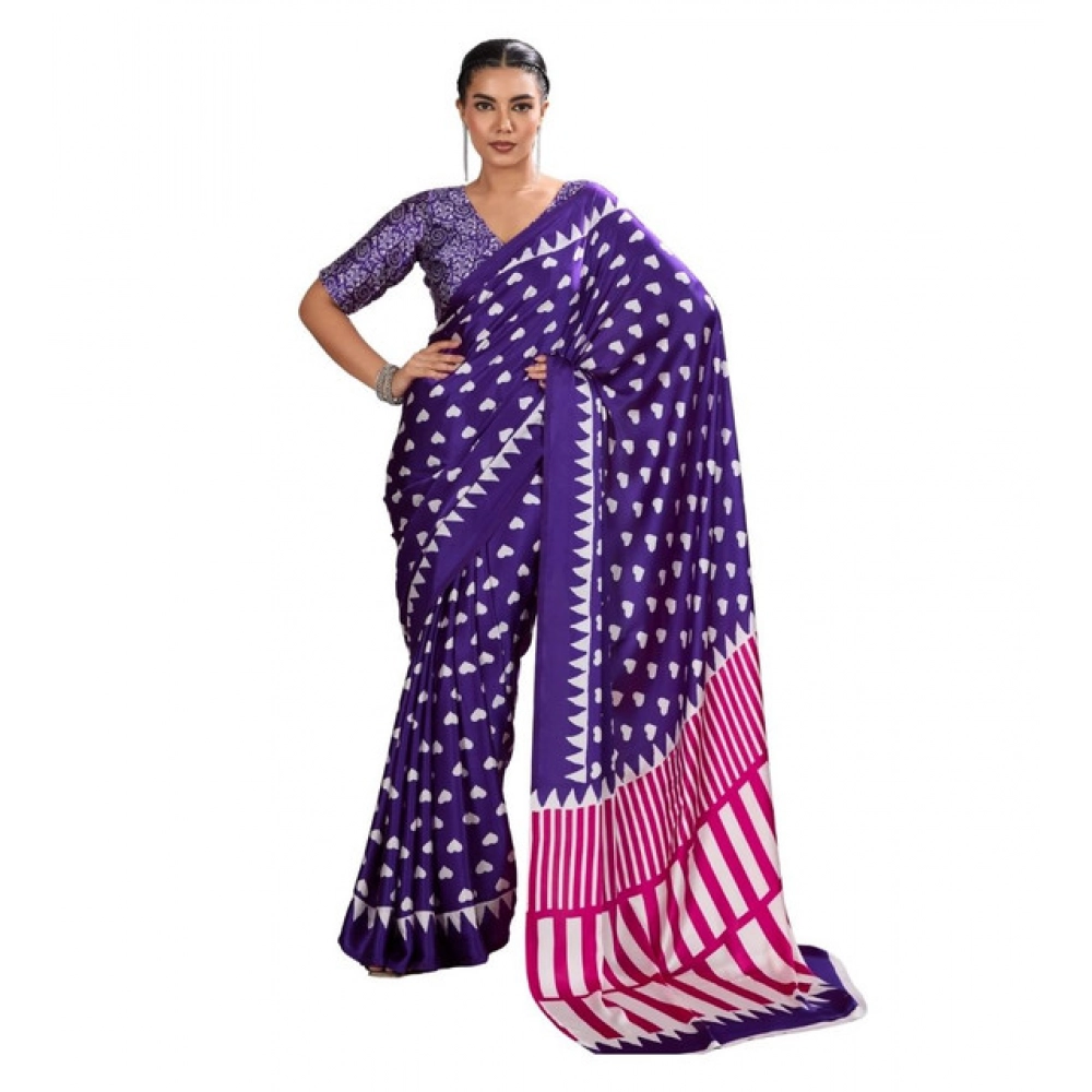 Generic Women’s Satin Crepe Printed Saree With Unstitched Blouse 5.5Mtr (Navy Blue)