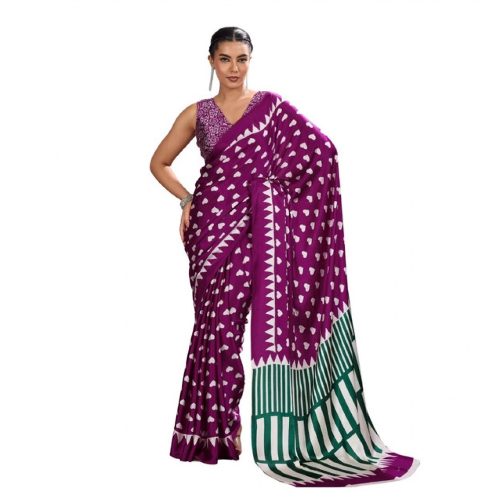 Generic Women’s Satin Crepe Printed Saree With Unstitched Blouse 5.5Mtr (Purple)