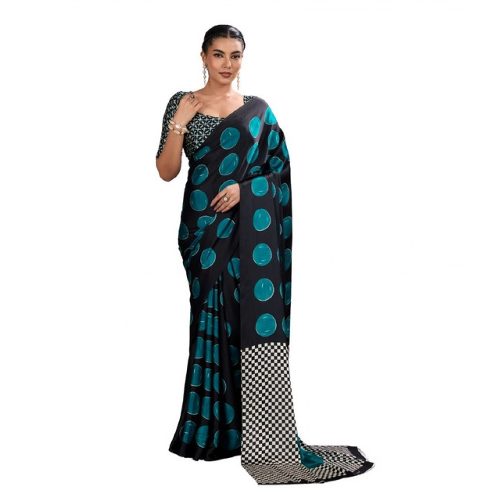 Generic Women's Satin Crepe Printed Saree With Unstitched Blouse 5.5Mtr (Black)