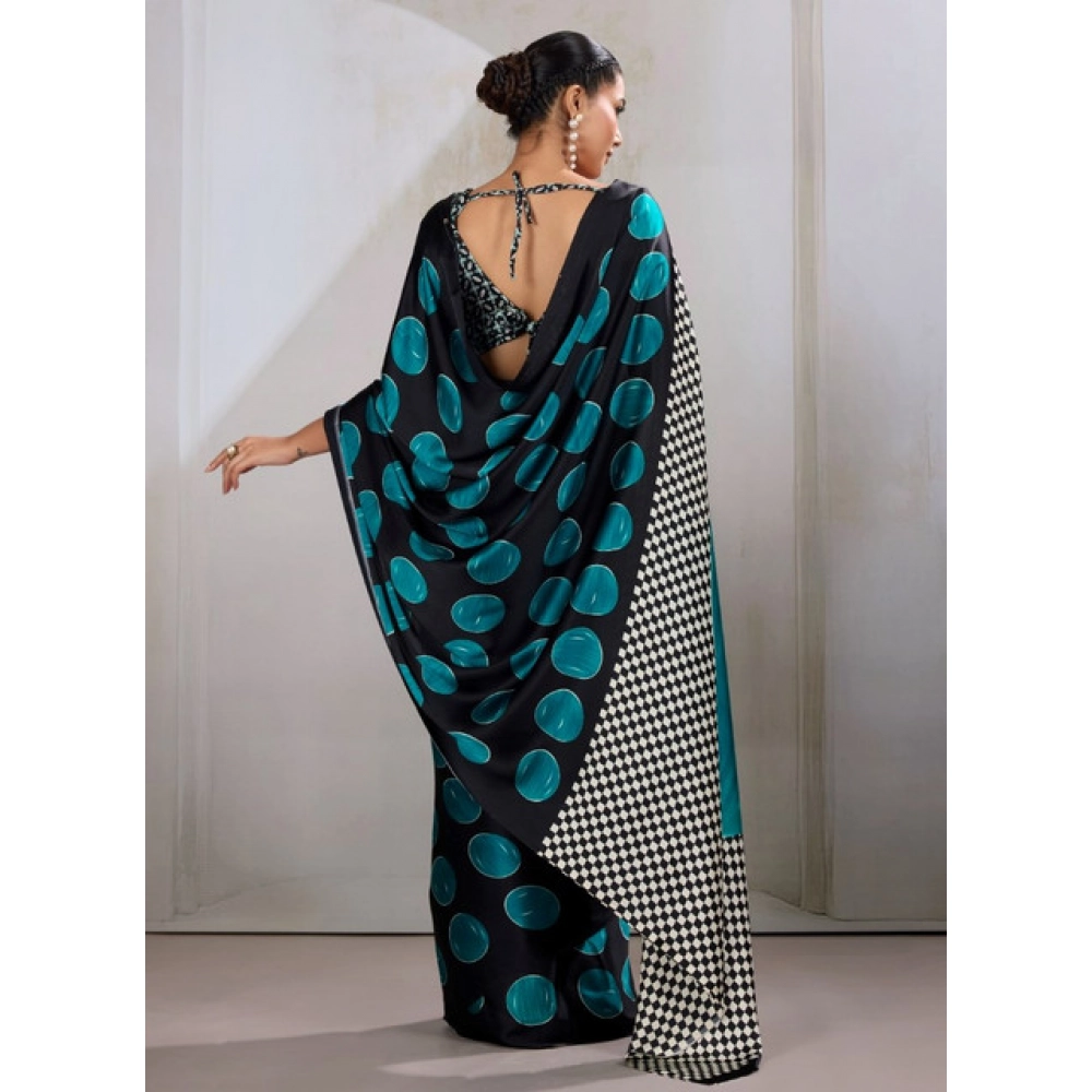 Generic Women's Satin Crepe Printed Saree With Unstitched Blouse 5.5Mtr (Black) - Image 4