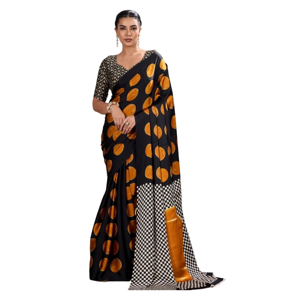Generic Women's Satin Crepe Printed Saree With Unstitched Blouse 5.5Mtr (Mustard)
