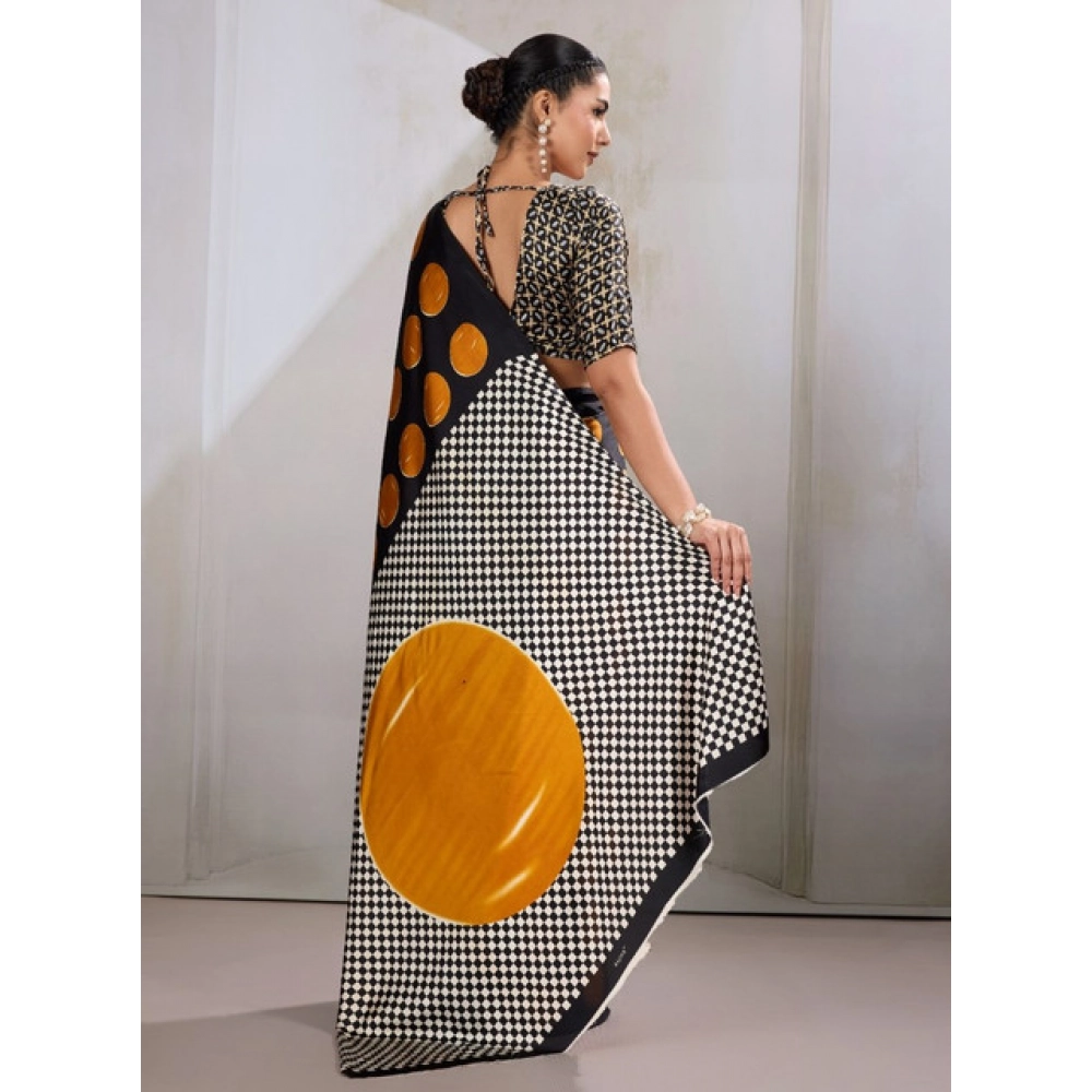 Generic Women's Satin Crepe Printed Saree With Unstitched Blouse 5.5Mtr (Mustard) - Image 4