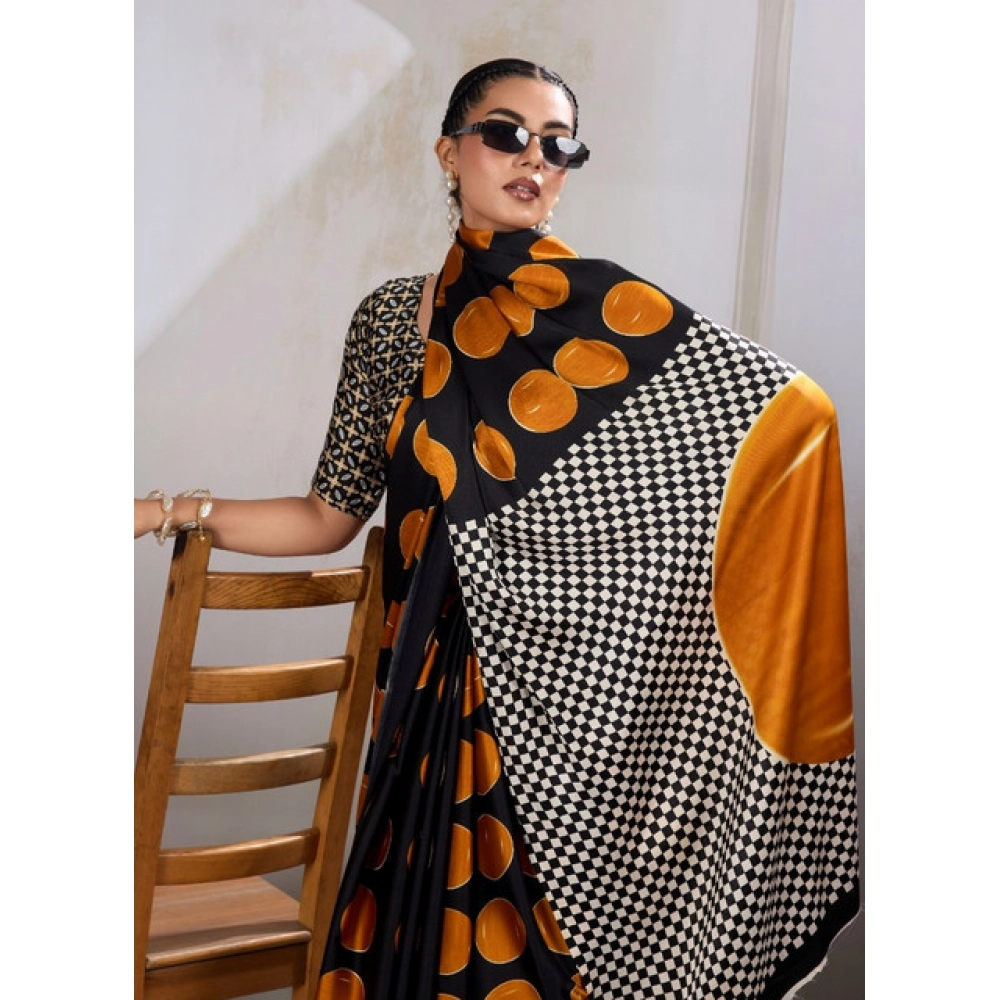 Generic Women's Satin Crepe Printed Saree With Unstitched Blouse 5.5Mtr (Mustard) - Image 3