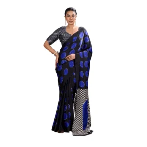 Generic Women's Satin Crepe Printed Saree With Unstitched Blouse 5.5Mtr (Blue)