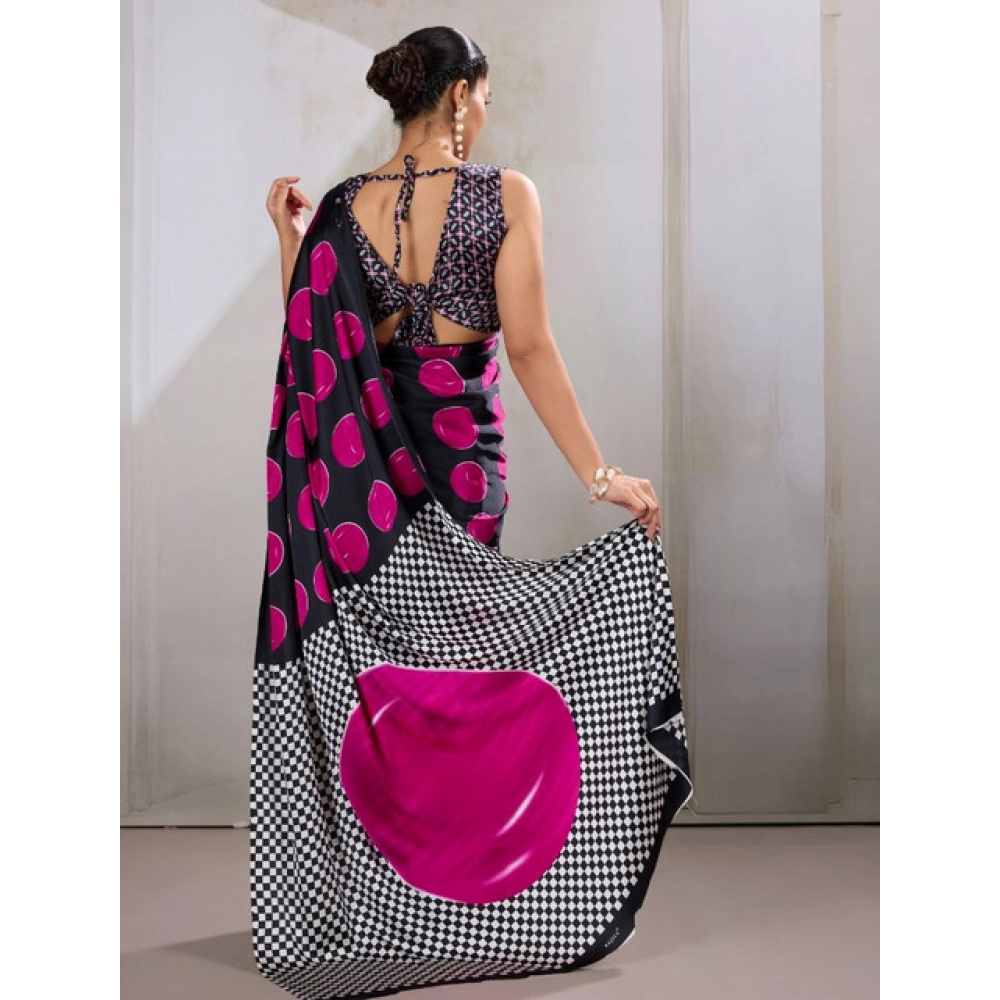 Generic Women's Satin Crepe Printed Saree With Unstitched Blouse 5.5Mtr (Pink) - Image 4