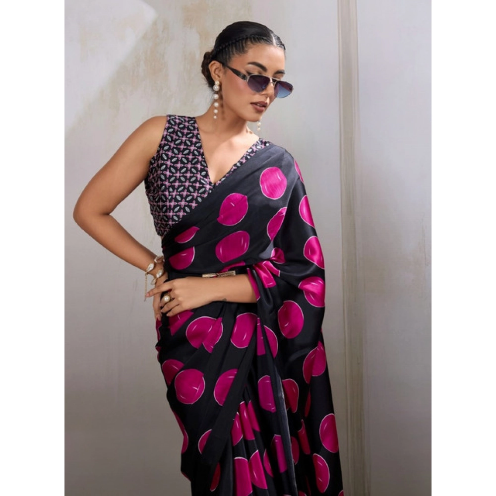 Generic Women's Satin Crepe Printed Saree With Unstitched Blouse 5.5Mtr (Pink) - Image 3