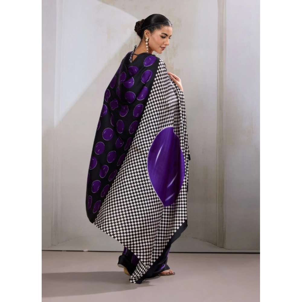 Generic Women's Satin Crepe Printed Saree With Unstitched Blouse 5.5Mtr (Purple) - Image 4
