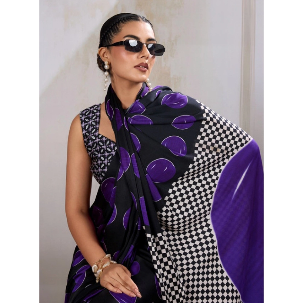 Generic Women's Satin Crepe Printed Saree With Unstitched Blouse 5.5Mtr (Purple) - Image 3